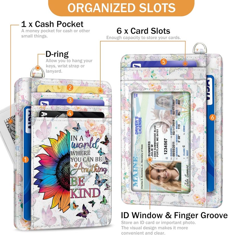 Yonlevres Be Kind Credit Card Holder Slim Wallet, RFID Wallet Women Front Pocket Wristlet Lanyard, Small Card Holder Travel Funny Cute Thin Card Case ID Window PU Leather Card Organizer Gifts Girls - Image 4
